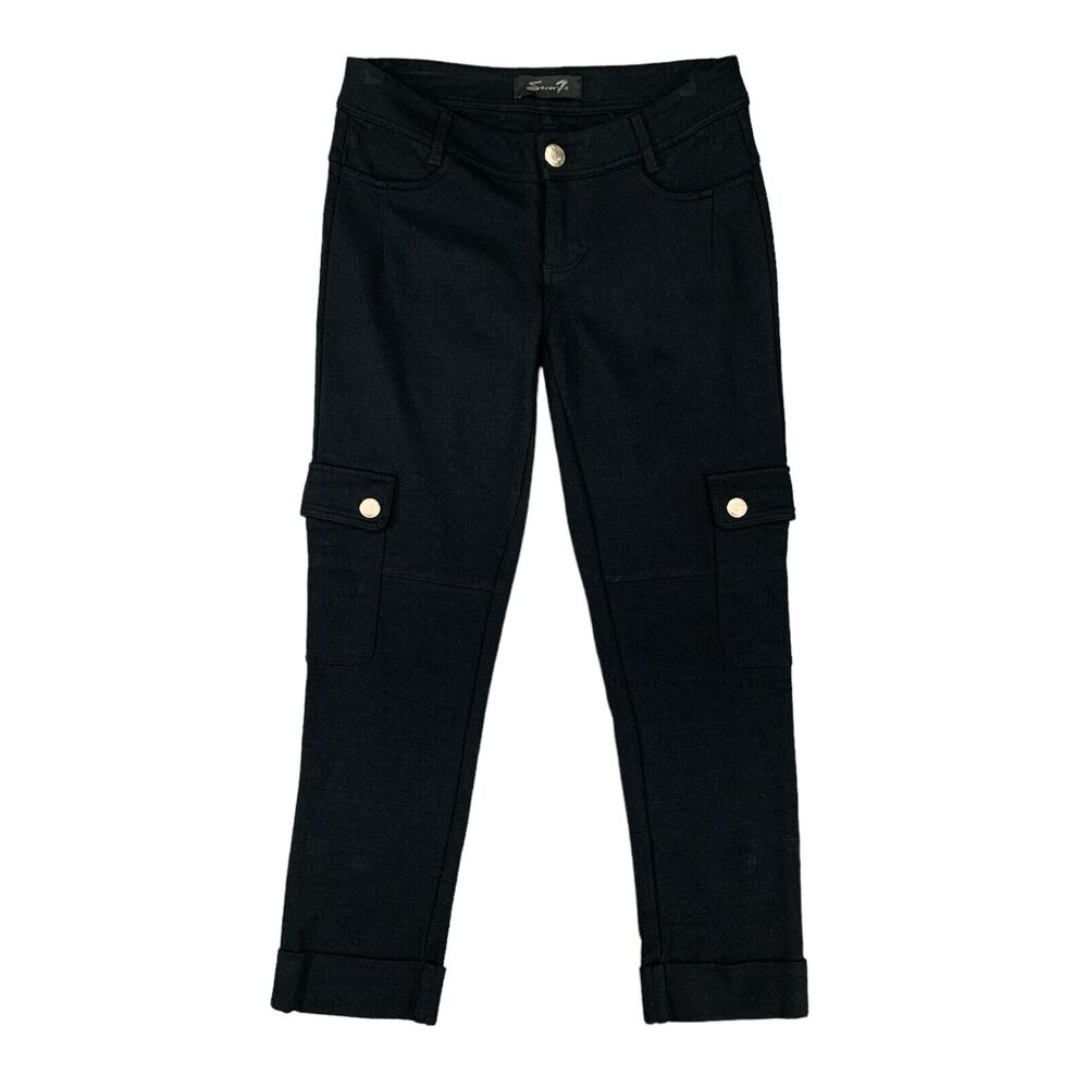Seven7 Pants Womens 26 Black Cargo Pockets Cuffed Hem Stretch Low Rise Cropped